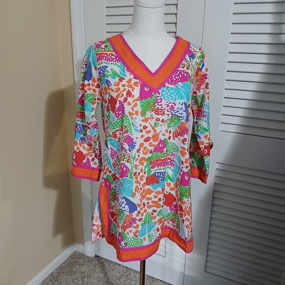 Gretchen Scott XS Bright Colors Tropical Fish 100% Cotton 3/4-Sleeve Tunic - Picture 5 of 16